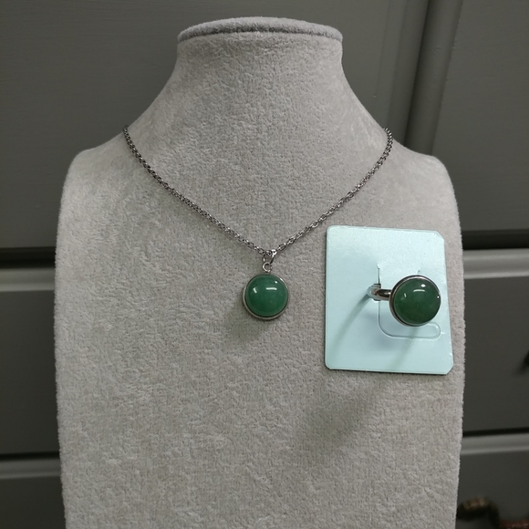 Aventurine Necklace & Ring Set Natural Gemstone Adjustable Stainless-Steel Ring - Picture 3 of 11